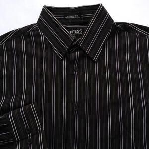 Express 1MX Modern Fit Stretch Cotton M 15-15.5 Striped Black Purple Striped
